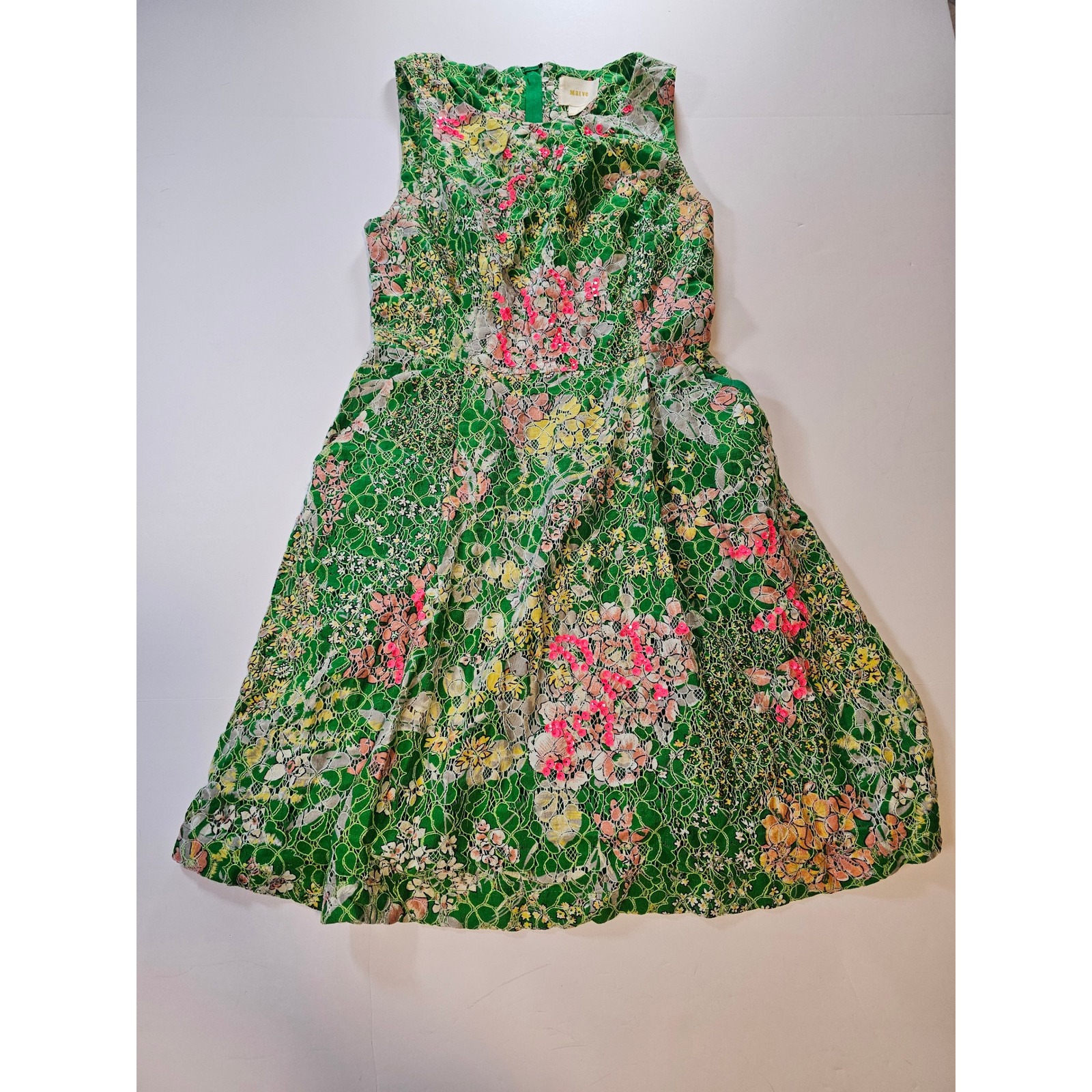 Maeve Anthropologie Floral Lace Dress Women 2 Green Sequin Fit Flare Resort